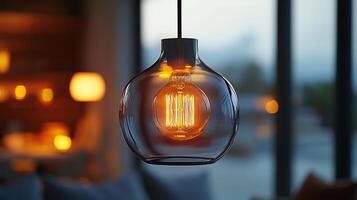 Closeup of glowing bulb within a frosted glass pendant lamp spreads diffused light highlighting clean contemporary lines and modern design photo