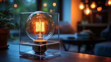 Modern table lamp a glowing bulb in a cubeshaped glass fixture casts soft even light adding a touch of elegance to contemporary settings photo