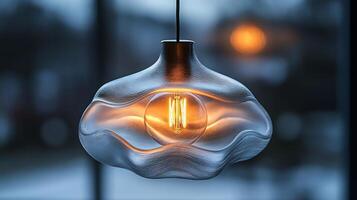 Frosted glass pendant lamp a glowing bulb diffuses light evenly its smooth texture creating a tranquil and understated elegance in the space photo