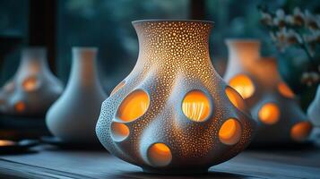 Ceramic table lamp intricate patterns glows warmly with light filtering through its delicate designs to create an elegant and inviting ambiance photo