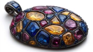 Pendant blue tourmaline and yellow sapphires in a geometric design showcasing artisanal craftsmanship closeup view capturing the radiance of the gemstones on a clean white background photo