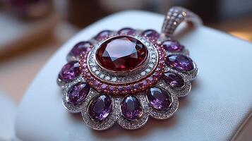 Ruby pendant amethyst and diamond accents an elegant accessory for bold fashion choices and a symbol of passion and clarity closeup capture on a pristine white backdrop photo