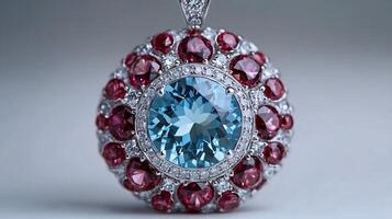 Aquamarine pendant ruby and diamond accents in a unique pattern blending modern luxury with the serenity of oceanic tones closeup view focusing on radiant stones against a white backdrop photo