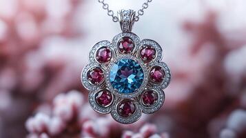Pendant featuring blue topaz centerpiece with ruby accents highlighting intricate craftsmanship on a clean white background photo
