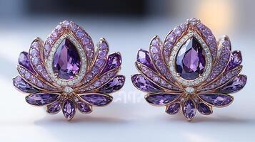 Earrings featuring diamonds amethysts in an elegant style closeup capturing their brilliance on a pristine white background photo