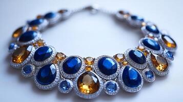 Modern necklace lapis lazuli and citrine stones in a minimalist silver design perfect for casual chic and gemstone enthusiasts closeup shot on a white backdrop photo