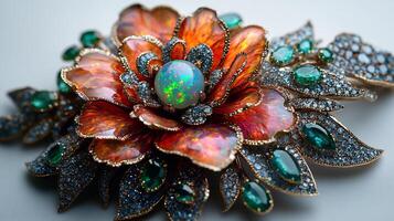 Brooch featuring large opals emeralds in a floral pattern closeup view emphasizing the vibrant gems against a white backdrop photo