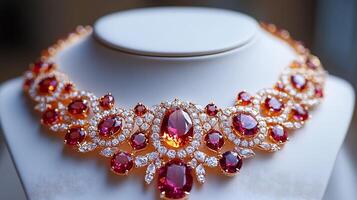 Necklace featuring citrine ruby stones in an intricate arrangement closeup shot capturing the luminous gems on a white background photo