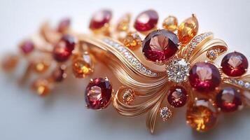 Brooch crafted ruby and citrine stones in a flowing design closeup shot emphasizing the glowing gems against a white backdrop photo