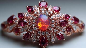 Fire opal brooch diamond and ruby accents in a geometric arrangement a radiant statement piece for elegant styling and spiritual vitality closeup capture on a pristine white background photo