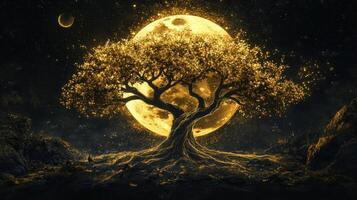 Golden Tree with Moon Illustration photo