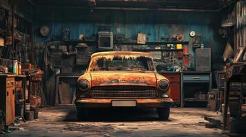 Rusty Car in Old Garage with Vibrant Background photo