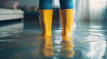 Person Wearing Yellow Rubber Boots Standing in Water - Perfect for Environmental and Fashion Themes photo