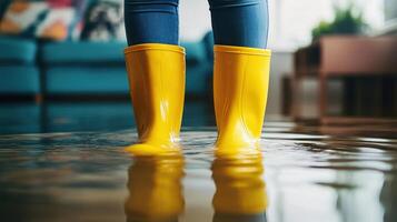 Person in Yellow Rubber Boots Standing in Water - Ideal for Environment Conservation Themes photo