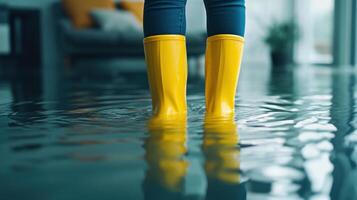 Person Wearing Yellow Rubber Boots Standing in Water for Environmental Awareness photo