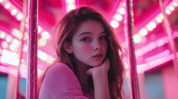 Charming Portrait of a Girl Enjoying a Vintage Carousel Ride in Whimsical Bliss photo