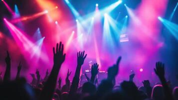 Vibrant Concert Crowd with Raised Hands Celebrating Music and Joy photo