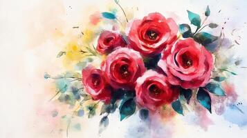 Elegant Watercolor Floral Bouquet Composition with Red Roses for Invitations and Decor photo
