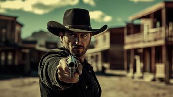 Dramatic Western Scene with Cowboy Prepared for Duel in Iconic Setting photo