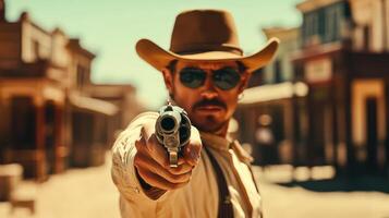 Cowboy Ready for Duel in a Western Movie Scene Perfect for Action and Adventure Themes photo