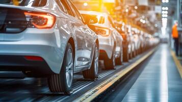Mass Production Assembly Line of Modern Cars in a Contemporary Factory Setting photo