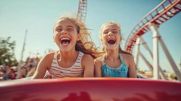 Exciting Young Girls Enjoying a Thrilling Rollercoaster Ride at an Amusement Park photo