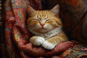 Cozy Orange Cat Resting on Vibrant Tapestry Blanket for Relaxation and Comfort Concepts photo