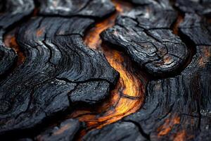 Close-Up of Textured Charred Wood with Fiery Glowing Embers for Abstract Design photo