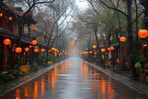Tranquil Rainy Street with Lanterns in Asian Cultural Setting for Postcards and Posters photo