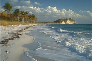 Serene Tropical Beach with Palm Trees and Rocky Outcrop Under a Tranquil Sky photo