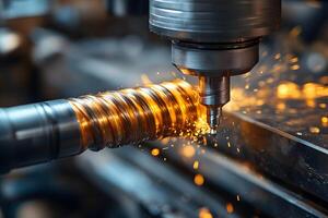 Precision Engineering Close-up of Industrial CNC Machine with Metal Cutting Sparks photo