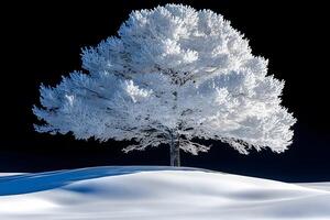 Serene Winter Tree in Snowy Landscape Against a Deep Blue Sky photo