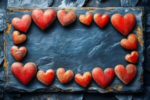 Rustic Heart Frame on Slate Stone Background for Romantic Designs and Valentine's Day photo