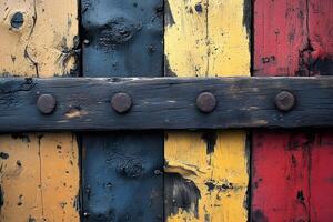 Rustic Wooden Door with Vibrant Horizontal Panels and Metal Reinforcement photo