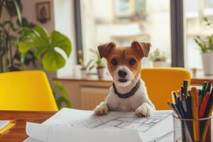 Dog engineer proudly displaying dog house blueprint, happy and creative. This adorable pup showcases its design skills with photo