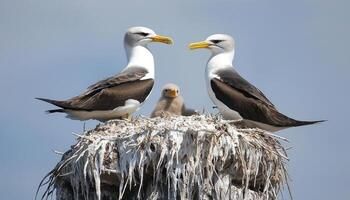 Nesting seabirds care for their chick on rugged cliff, showcasing shared labor photo