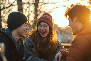 Friends laughing together in outdoor setting, showcasing deep emotional connection and strong bond photo