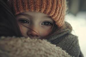 parent gently cradling child face with loving gaze, soft focus, home interior photo