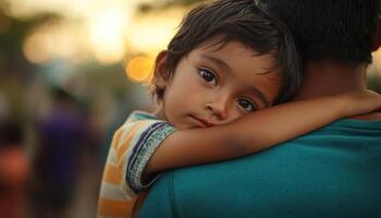 Child resting head on parent shoulder, displaying trust and affection, in warm setting photo