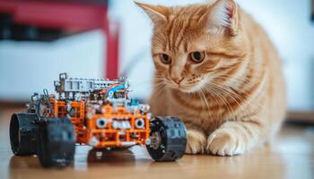 Curious cat observing robotic toy car with intricate details and design photo