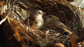 Nesting birds collaborating to create cozy home with twigs and grass. Their teamwork showcases functional design in nature photo