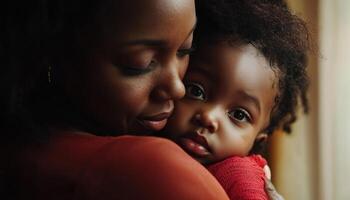 mother embracing her child, showcasing powerful emotional connection and unconditional love. soft focus enhances secure bond photo