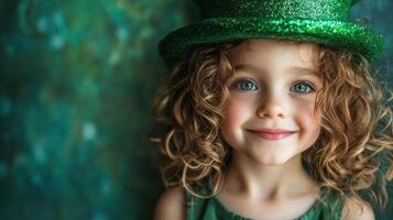 Happy child wearing green leprechaun hat, celebrating St. Patrick Day with joy and excitement photo
