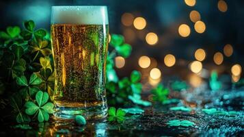 refreshing beer glass surrounded by vibrant shamrocks and soft lights photo