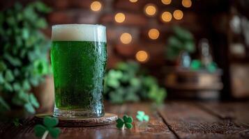 Green beer in pint glass for St. Patrick Day celebration, surrounded by clovers and cozy pub atmosphere photo