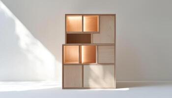 Minimalist modular cube storage in light wood with bright studio lighting photo