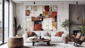 Modern living room featuring modular wall art with abstract patterns, customizable tiles, and artistic design on white wall photo