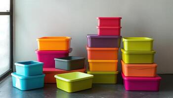 Colorful stackable storage boxes in various sizes create playful design for organizing kids rooms photo
