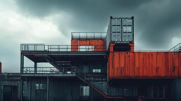 Industrial modular structure with prefabricated units under overcast sky, showcasing raw materials and modern design. photo