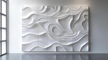 Modern modular wall art with abstract patterns and customizable tiles enhances artistic design on white wall photo